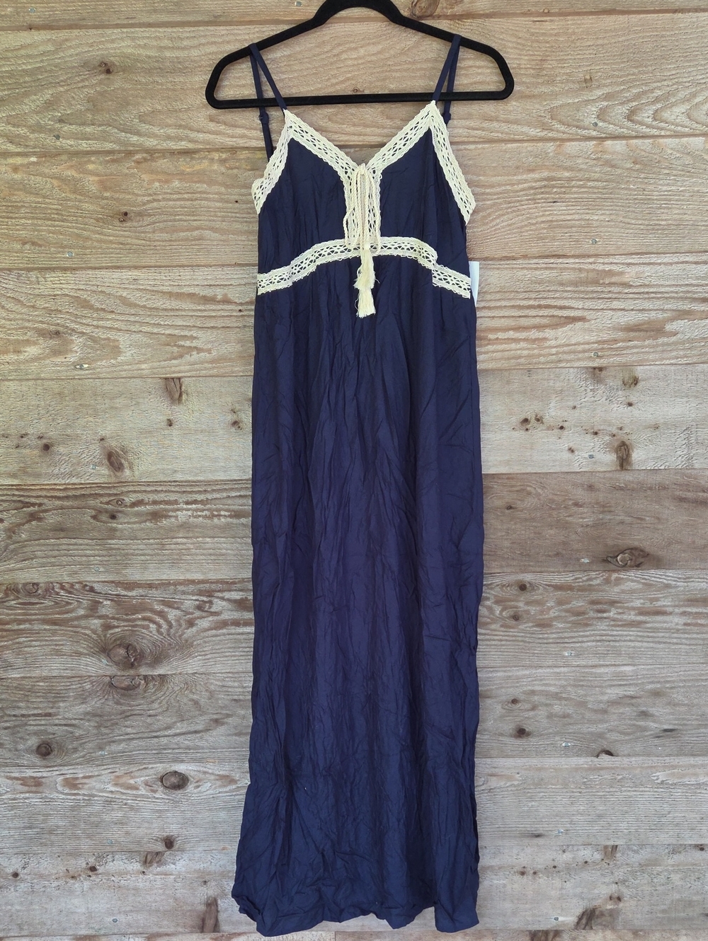 1. STATE Size Small Navy Maxi Dress with Cream Crochet Trim and Tassel